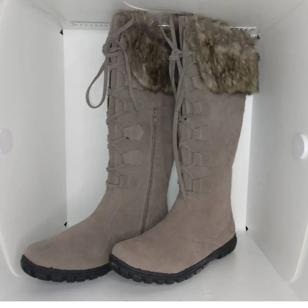 Bucco Capensis Designer Womens NEW Knee High Tan Suede, Faux Fur Boots - sz. 10